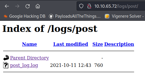 O a 10.10.65.72nogs/post1 •s Google Hacking DB PayloadsAllTheThings... Vigenere Solver Index of /logs/post Last modified Size Description 2021-10-11 12:43 760 
