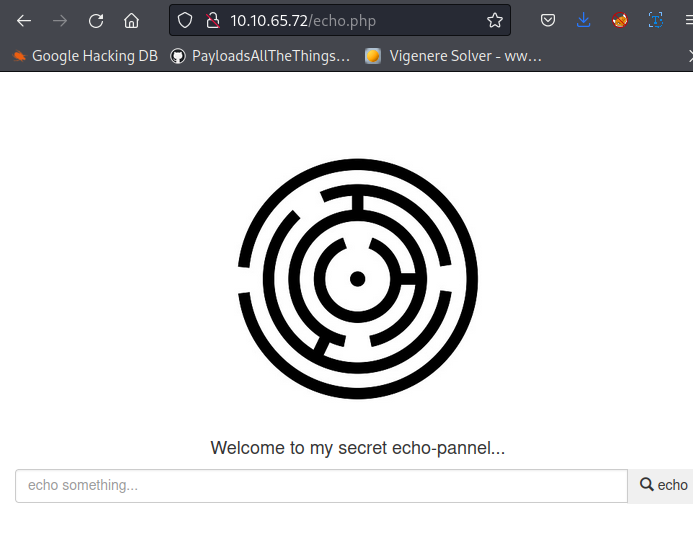 c O a 10.10.65.721echo.php •a Google Hacking DB PaytoadsAllTheThings... Vigenere Solver . •an.v... Welcome to my secret echo-pannel... echo something _ Q echo 