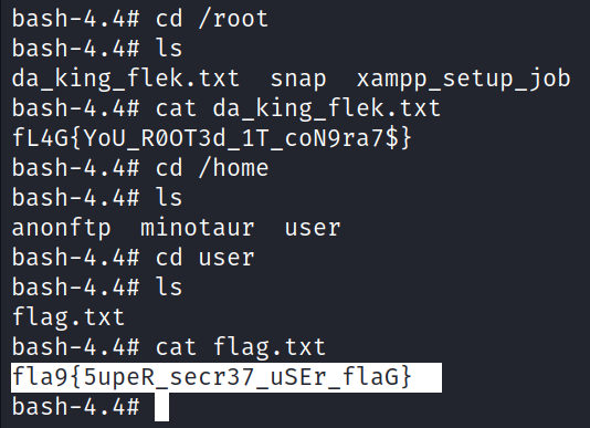 bash-4.4# cd /root bash-4.4# Is txt snap xampp_setup_job bash-4.4# cat da_king_flek.txt bash-4.4# cd /home bash-4.4# Is anonftp minotaur user bash-4.4# cd user bash-4.4# Is flag. txt bash-4.4# cat flag. txt usEr_f1aG} bash-4.4# 