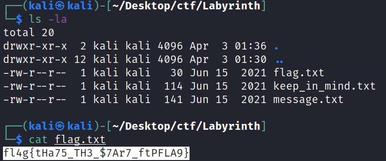 (kaliS —/Desktop/ctf/Labyrinth ] total 20 drwxr-xr-x 2 kali kali 4096 Apr drwxr-xr-x 12 kali kali 4096 Apr I kali kali 30 Jun -rw-r -- r 1 kali kali 114 Jun -rw-r--r 1 kali kali 141 Jun 3 01:36 3 01 •.30 15 2021 flag. txt 15 2021 keep_in_mind.txt 15 2021 message. txt —/Desktop/ctf/LabyrinthJ cat flag. txt 