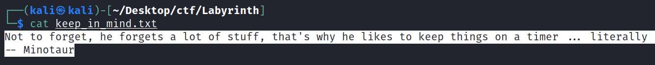 kali S kali ) - C—/Desktop/ctf/Labyrinth] keep in mind. txt Not to forget, he forgets a lot of stuff, Minotaur that's why he likes to keep things on a timer literally 