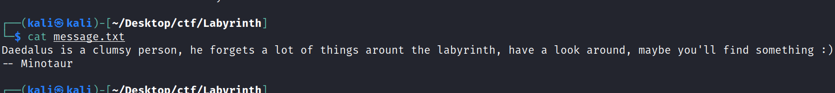 kal i S kal i ) - [ —/Desktop/ctf/Labyrinth] cat message. txt Daedalus is a clumsy Minotaur person , he forgets a lot of things arount the labyrinth, h r •nth have a look around, maybe you 'Il find something . 