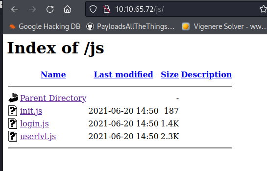 C O a 10.10.65.72/jsj Google Hacking DB PayloadsAIITheThings Index of /js Vigenere Solver - Last modified Size Description Parent Directory logm.js userlvl.is 2021-06-20 14:50 187 2021-06-20 14:50 1.4K 2021-06-20 14:50 2.3K 