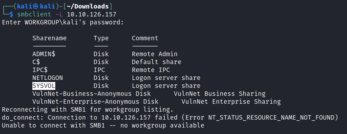 kaliS kali [—/Down10ads ] smbclient -L 10.10. 126.157 Enter WORKGROUP\kali's password: Sharename ADMIN$ c$ IPC$ NETLOGON SYSVOL Type Disk Disk IPC Disk Disk Comment Remote Admin Default share Remote IPC Logon server share Logon server share vulnNet-Business-Anonymous Disk vulnNet Business Sharing VulnNet-Enterprise-Anonymous Disk VulnNet Enterprise Sharing Reconnecting with SMBI for workgroup listing. do_connect: Connection to 10.10.126.157 failed (Error Unable to connect with SMBI no workgroup available 