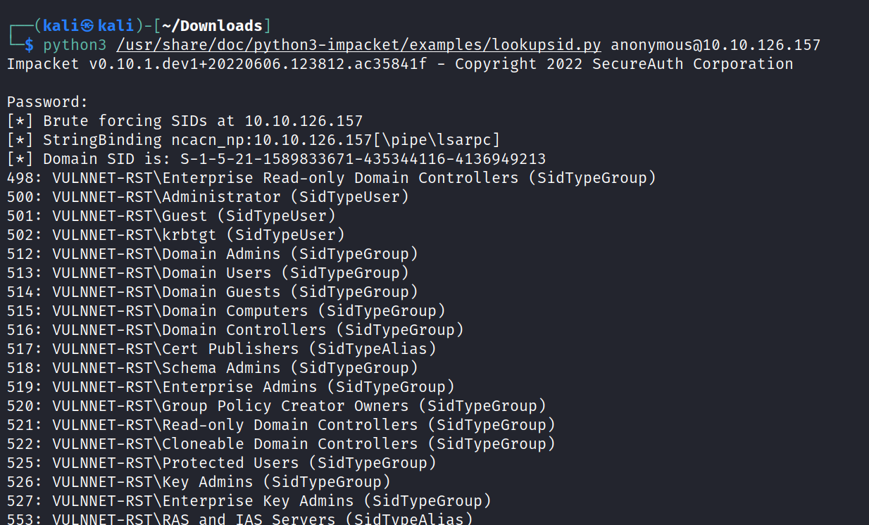 kaliS kali ) - [—/Down10ads] python3 /usr/share/doc/python3-impacket/examples/lookupsid.py anonymousä)1ø.1ø.126.157 Impacket vø.1ø.1.dev1+2022ø606.123812.ac35841f - Copyright 2022 SecureAuth Corporation Password : Brute forcing SIDS at 10.10.126.157 StringBinding ncacn_np:1ø.1ø.126.157[\pipe\lsarpc] Domain SID is: S-1-5-21-1589833671-435344116-4136949213 498 513: 525 : : VULNNET- 500: VULNNET 501 : VULNNET 502: VULNNET 512: VULNNET VULNNET- 514: VULNNET 515: VULNNET 516: VULNNET 517: VULNNET 518: VULNNET- 519: VULNNET 520: VULNNET 521 : VULNNET 522: VULNNET VULNNET 526: VULNNET 527: VULNNET RST\Enterprise Read-only Domain Controllers (SidTypeGroup) -RST\Administrator (SidTypeUser) -RST\Guest (SidTypeUser) -RST\krbtgt (SidTypeuser) -RST\Domain Admins (SidTypeGroup) RST\Domain Users (SidTypeGroup) -RST\Domain Guests (SidTypeGroup) -RST\Domain Computers (SidTypeGroup) -RST\Domain controllers (SidTypeGroup) -RST\Cert Publishers (SidTypeAlias) RST\Schema Admins (SidTypeGroup) -RST\Enterprise Admins (SidTypeGroup) -RST\Group policy Creator Owners (SidTypeGroup) -RST\Read-only Domain controllers (SidTypeGroup) -RST\CIoneabIe Domain Controllers (SidTypeGroup) -RST\Protected Users (SidTypeGroup) -RST\Key Admins (SidTypeGroup) -RST\Enterprise Key Admins (SidTypeGroup) 