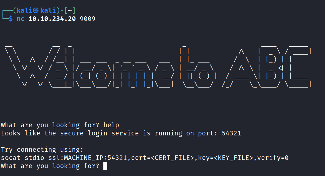 kali S kali)- 1ø.1ø.234.2ø 9009 What are you looking for? help Looks like the secure login service Try connecting using: socat stdio SSI 1 What are you looking for? is running on port: 54321 