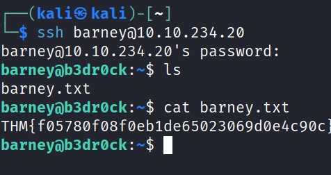 ssh barneymø.1ø.234.2ø barneyö1ø.1ø.234.20's password: Is barney. txt cat barney. txt THM{f05780f08føeb1de65023069døe4c90c 1 barneyOb3drøck : —$ 
