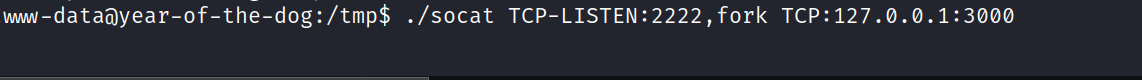 wul-dataayear-of-thé-dog:/tmp$ ./socat TCP-LISTEN:2222 , fork TCP: 127.ø.ø.1:3øøø 