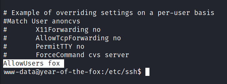 # Example of overriding settings on a per-user basis t$Match User anoncvs X11Forwarding no AllowTcpForwarding no Permit TTY no ForceCommand cvs server AllowUsers fox 1 : /etc/ssh$ 