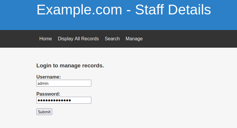 Example.com - Staff Details Home Display All Records Search Manage Login to manage records. admin Password: 