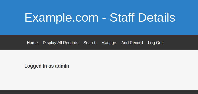 Example.com - Staff Details Home Display All Records Search Manage Add Record Log Out Logged in as admin 