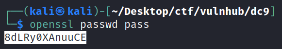 kali S kali ) - C—/Desktop/ctf/vu1nhub/dc9] opens-sl passwd pass BdLRyØXAnuuCE 