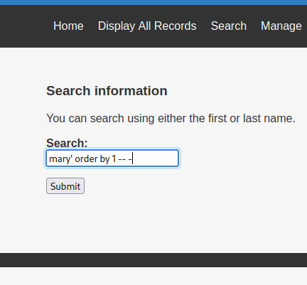 Home Display All Records Search Manage Search information You can search using either the first or last name. mar-y' order byl 