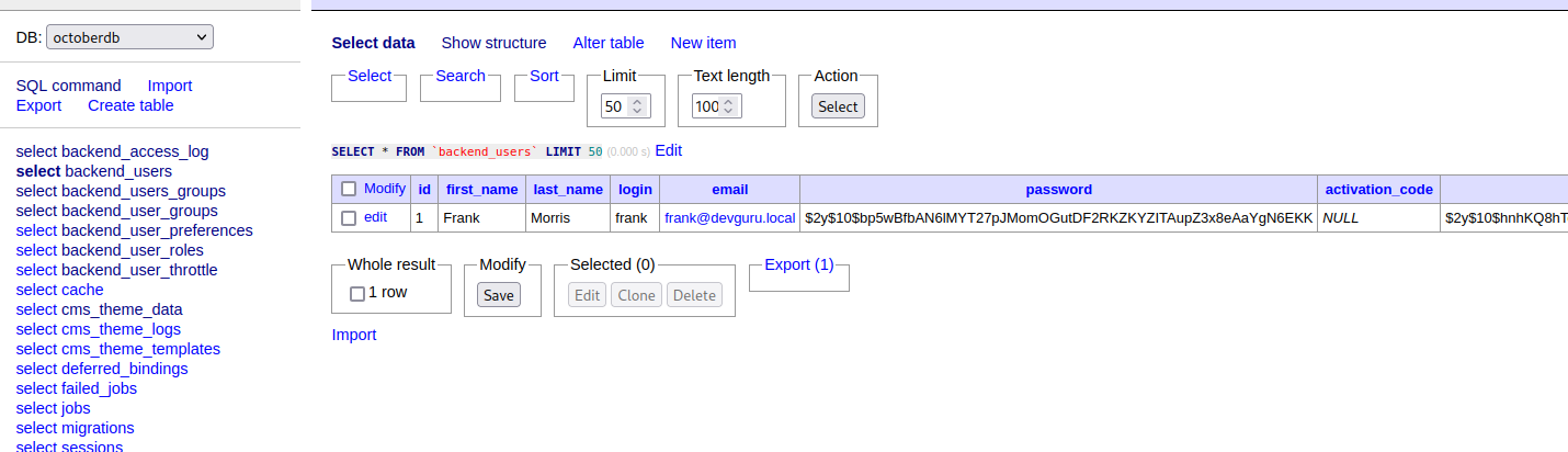 DB: OCtOberdb SQL command Import Export create table select backend access_log select backend users select backend _users_grcnaps select backerui _user_groups select select backeM user roles select backerui user throttle select cache selectcms theme data select select cms_theme_templates select deferred_bindings select failed_jobs select jobs select migrations Select data Show Structure Alter table Limit New item Text k ngth Action activation_code SELECT • FROM O edit 1 01 row first_name last_name bgin frank Frank Modify trankgdevguru.local S2yS10$bpswBtbAN61MYT27pJMom0GutDF2RKZKYZITAupZ3xgeAaYgN6EKK NULL Export (1) S2ySIO$hnhKQ8hT selected (o) 