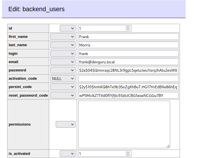 Edit: backend users last_name persist_code reset_password_code 
