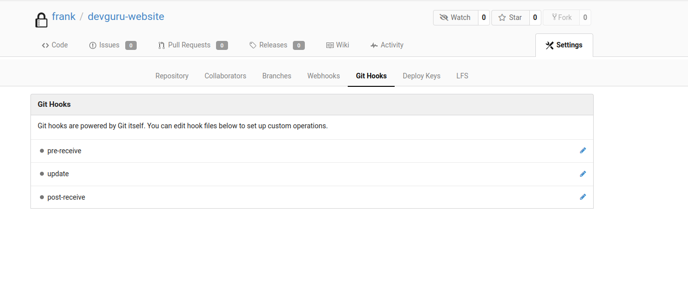 frank / devguru-website O Releases Branches W,ki Web hooks Watch LFS o Star O Code Git @ Issues Pull Requests Activity Settings Repository Collaborators Git Hooks Deploy Keys Git hooks are powered by Git itself. You can edit hook files below to set up custom operations. • pre-receive • update • post-receive 
