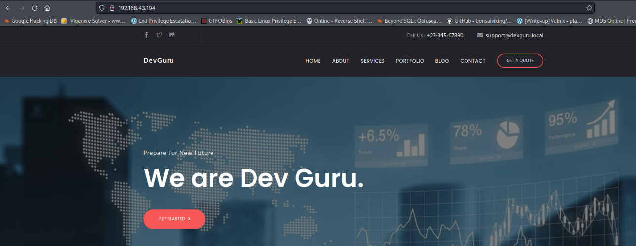 O •e Google Hacking DB VigenereSolver-ww... Lxdprivilege Escalatio... a 192.168.43.194 DevGuru GTFOBins Basic Linux Privilege Online - ReverseShell Beyond SQLi:Obfusca... GitHub- bonsaiviking/... [Write-up] Vulnix- Pla... Call us : *23-345-67890 support@devguru.local MDS Online I Frer HOME ABOUT SERVICES PORTFOLIO BLOG CONTACT o GET A QUOTE O/ Prepare We are GET STARTED Dev Guru. 