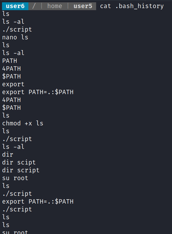 //User64 home U user$l/ Is -al . [script nano Is Is PATH 4PATH $PATH export export PATH=. :$PATH 4 PATH $PATH Is chmod +x Is . [script dir dir scipt dir script su root ./script export :$PATH . / script Is cat .bash_history 