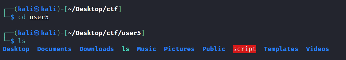 kaliS kali ) - ["Desktop/ctf] L—$ cd user5 (kaliS "Desktop/ctf/user5J Desktop Documents Downloads Is Music Pictures Public Templates Videos 