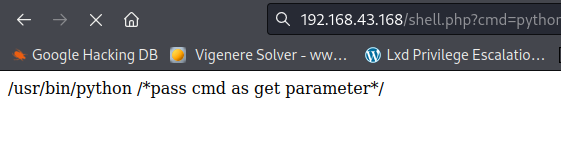 Google Hacking DB Vigenere Solver Lid Privilege Escalation lusr/bin/python Ppass cmd as get parameter" 