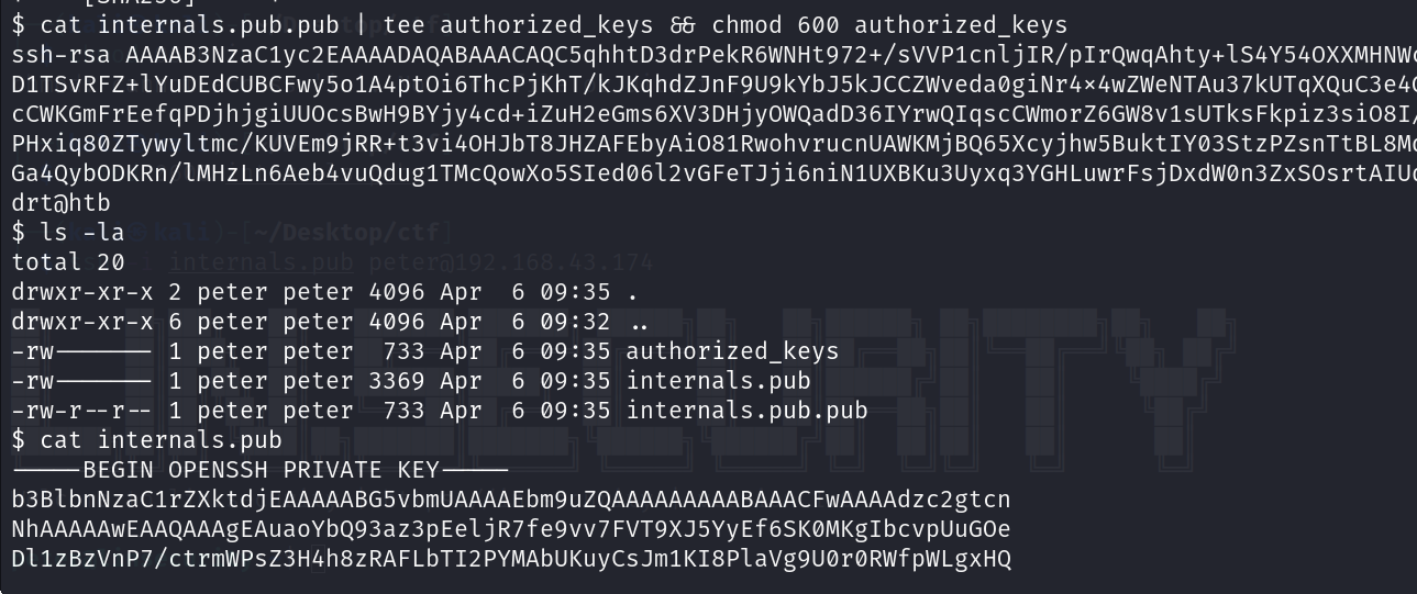 $ cat internals. pub. pub I tee authorized_keys 88 chmod 600 authorized _ keys ssh-rsa AAAAB3NzaC1yc2EAAAADAQABAAACAQC5qhhtD3drPekR6WNHt972+/sVVP1cn1j1R/p1rQwqAhtY+1S4Y540XXMHNW DITSVRFZ+tyuDEdCUBCFWY501AoptOi6ThCPjKhT/kJKqhdZJnF9U9kYbJ5kJcczwvedaØgiNr4x4wzweNTAu37kUTqXQLlC3e4 ccWKGmFrEefqPDjhjgiuuocsBwH9BYjy4cd+izuH2eGms6XV3DHjYOWQadD361yrwQ1qsccwmorZ6GW8v1sUTksFkpiz3si081 PHxiq8ØZTywyItmc/KUV Em9j RR+t3vi40H JbT8JHZAFEbyAi081 RwohvrucnlJAWKMj BQ65Xcyj hw5Bukt IYØ3StzPZsnTtBL8M Ga4QybODKRn/1MHZLn6Aeb4vuQdug1TMCQOWX05S1edØ612VGFeTJji6niNIUXBl<u3Uyxq3YGHLuwrFsjDxdwon3zxsosrtA11J 09:35 09 : 32 drtöhtb $ Is -la total 20 drwxr-xr-x 2 peter peter drwxr-xr-x 6 peter peter -rw -rw 1 peter peter 1 peter peter 4096 Apr 4096 Apr 733 Apr 3369 Apr 733 Apr 6 6 6 6 6 1 peter peter -rw-r -- r -- $ cat internals. pub 09 : 35 authorized _ keys 09:35 internals.pub 09 : 35 internals. pub. pub BEGIN OPENSSH PRIVATE KEY b3B1bnNzaC1rZXktdjEAAAAABG5vbmUAAAAEbm9uZQAAAAAAAAABAAACFwAAAAdzc2gtcn NhAAAAAwEAAQAAAgEAua0YbQ93aZ3PEe1jR7fe9VV7FVT9XJ5YYEf6SKØMKg1bCVPUuGOe D11ZBzvnP7/ctrmWPSZ3H4h8ZRAFLbT12PYMAbUKLlYCSJm1K18P1avg9UørøRWfPWLgxHQ 