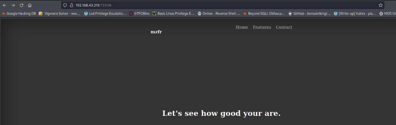 Google Hacking DB VigenereSolver-ww... LxdPrivilegeEscalatio... GTFOBins Basic Linux Privilege Online-ReverseShell •e BeyondSQLi: Obfusca... GitHub- bonsaiviking/... Home Features Contact [Write-up] Vulnix - Pla. O MDS O Let's see how good your are. 