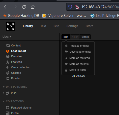 o a 192.168.43.174:ecoı:. Google HackingDB VigenereSolver-ww... @ Lxdprivilegel Site settings stora aş Eatwed tmh 2020 